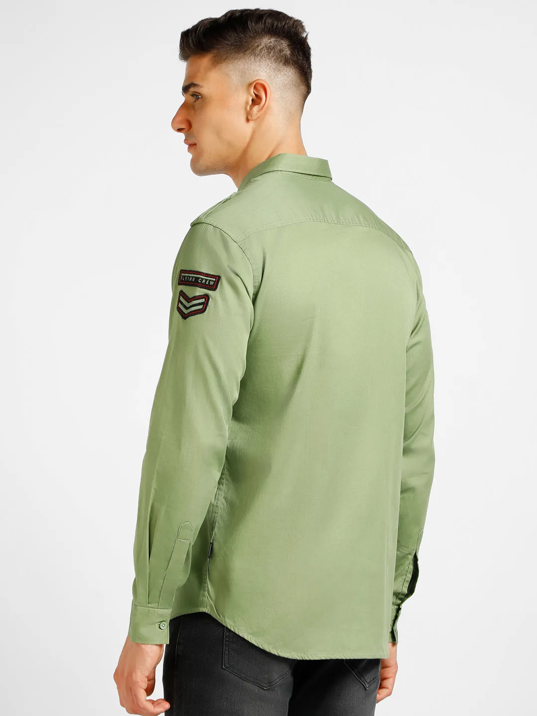 Men's Green Cotton Full Sleeve Slim Fit Casual Solid Shirt