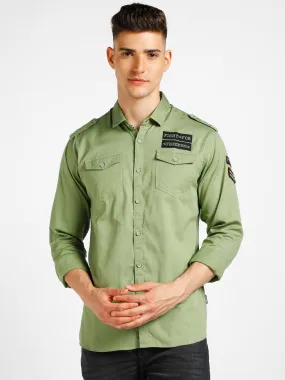 Men's Green Cotton Full Sleeve Slim Fit Casual Solid Shirt