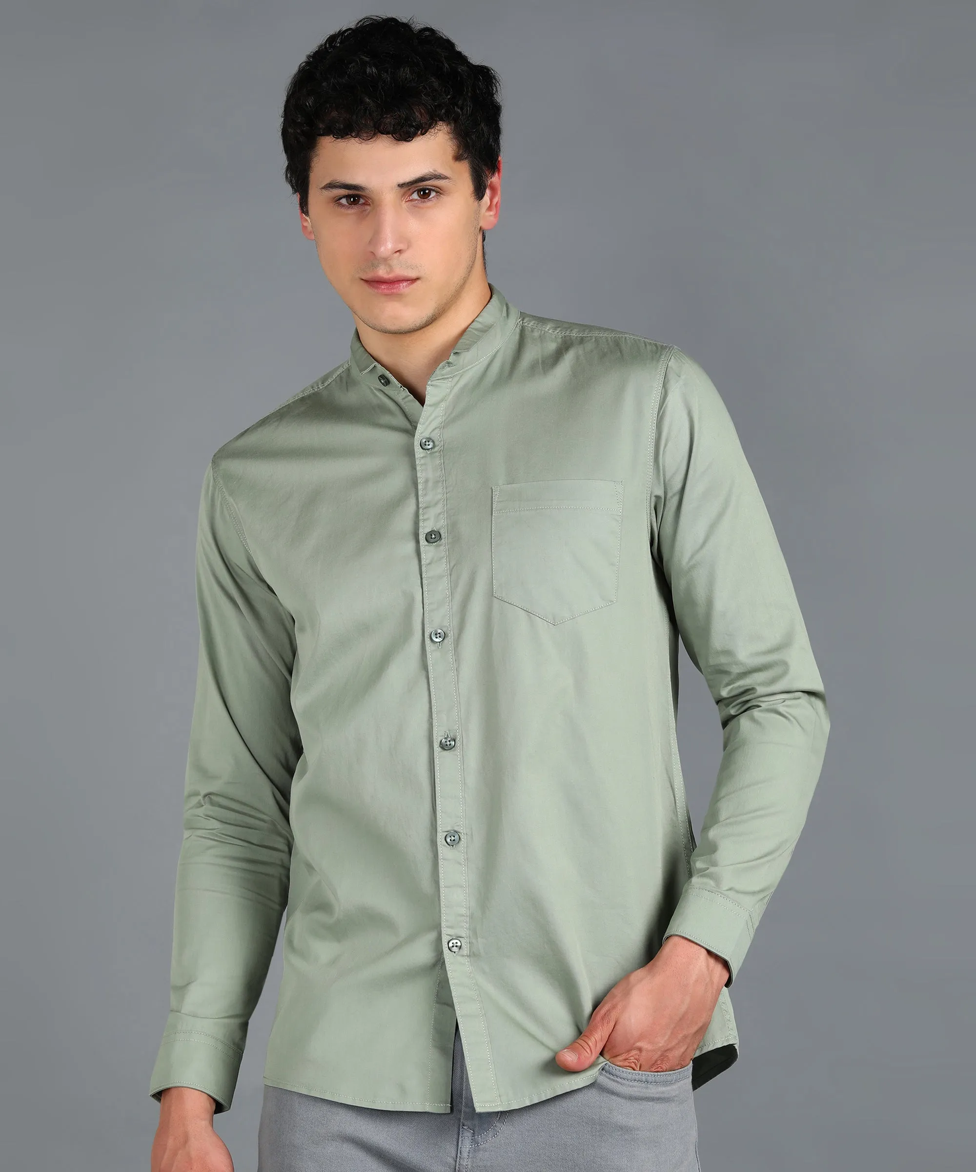 Men's Green Cotton Full Sleeve Slim Fit Solid Shirt with Mandarin Collar