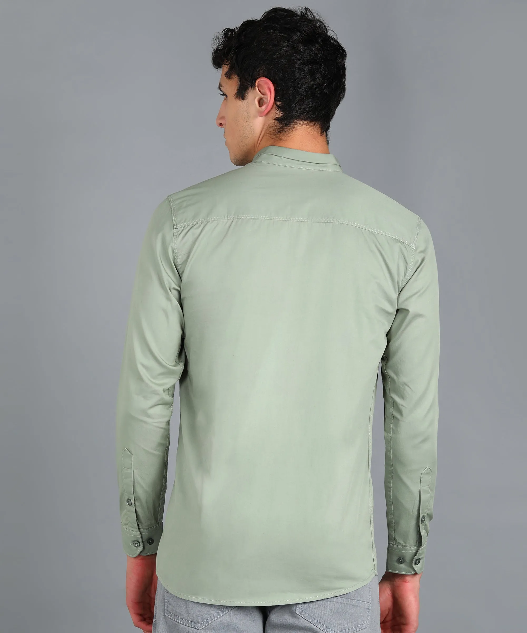 Men's Green Cotton Full Sleeve Slim Fit Solid Shirt with Mandarin Collar