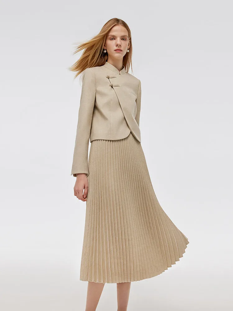 New Chinese-Style Mandarin Collar Crop Jacket And Pleated Skirt Two-Piece Set