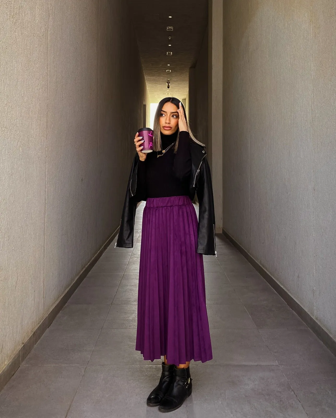 Purple Pleated Midi Skirt