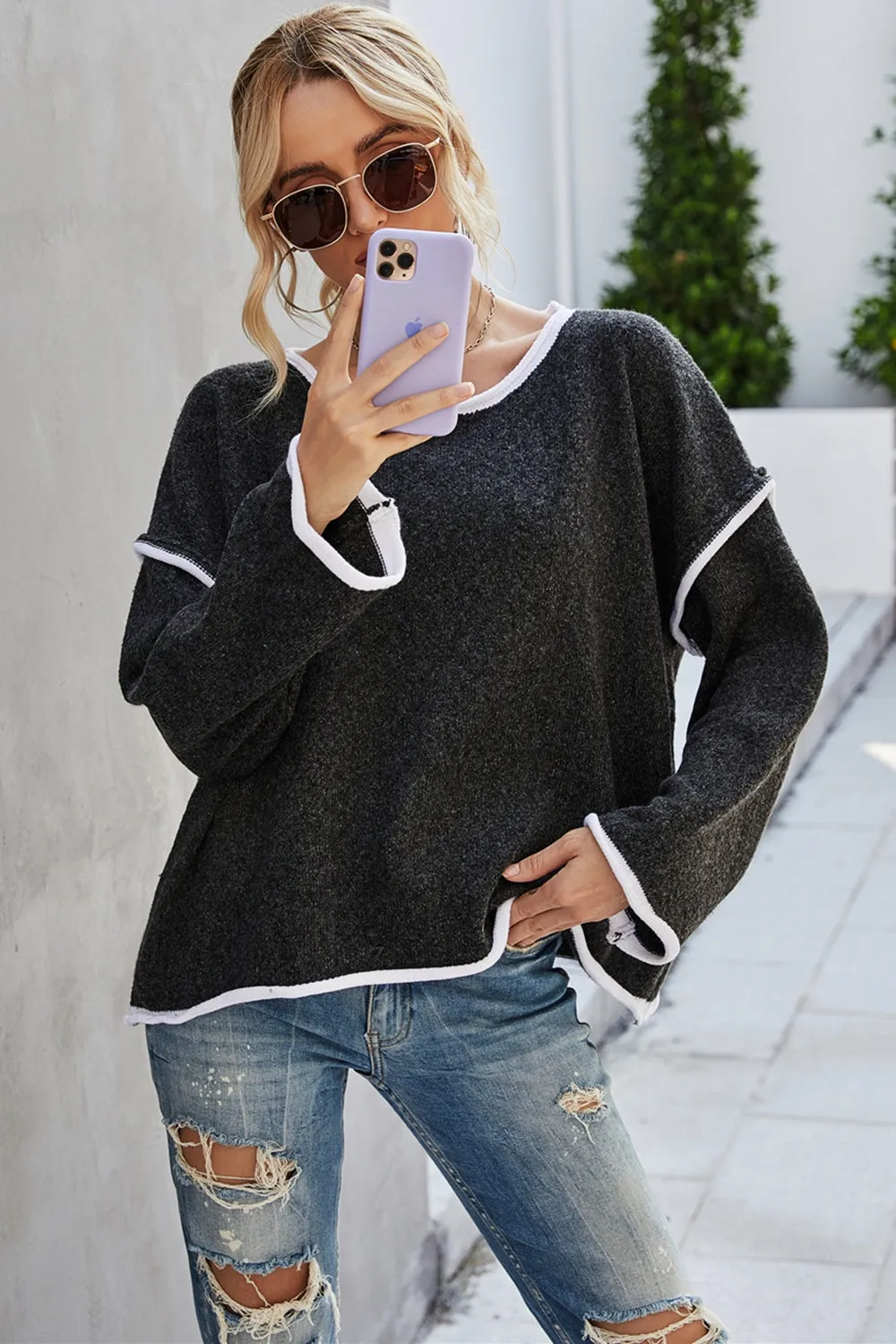 Round Neck Dropped Shoulder Sweater - Cozy and Versatile