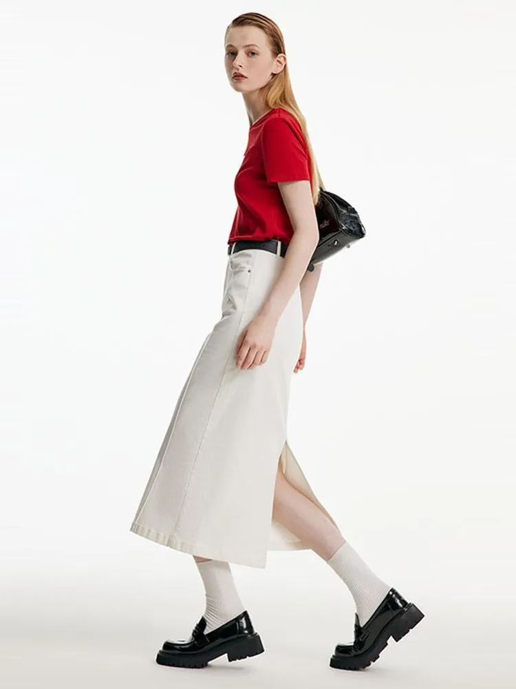 Split White Denim Long Skirt With Belt