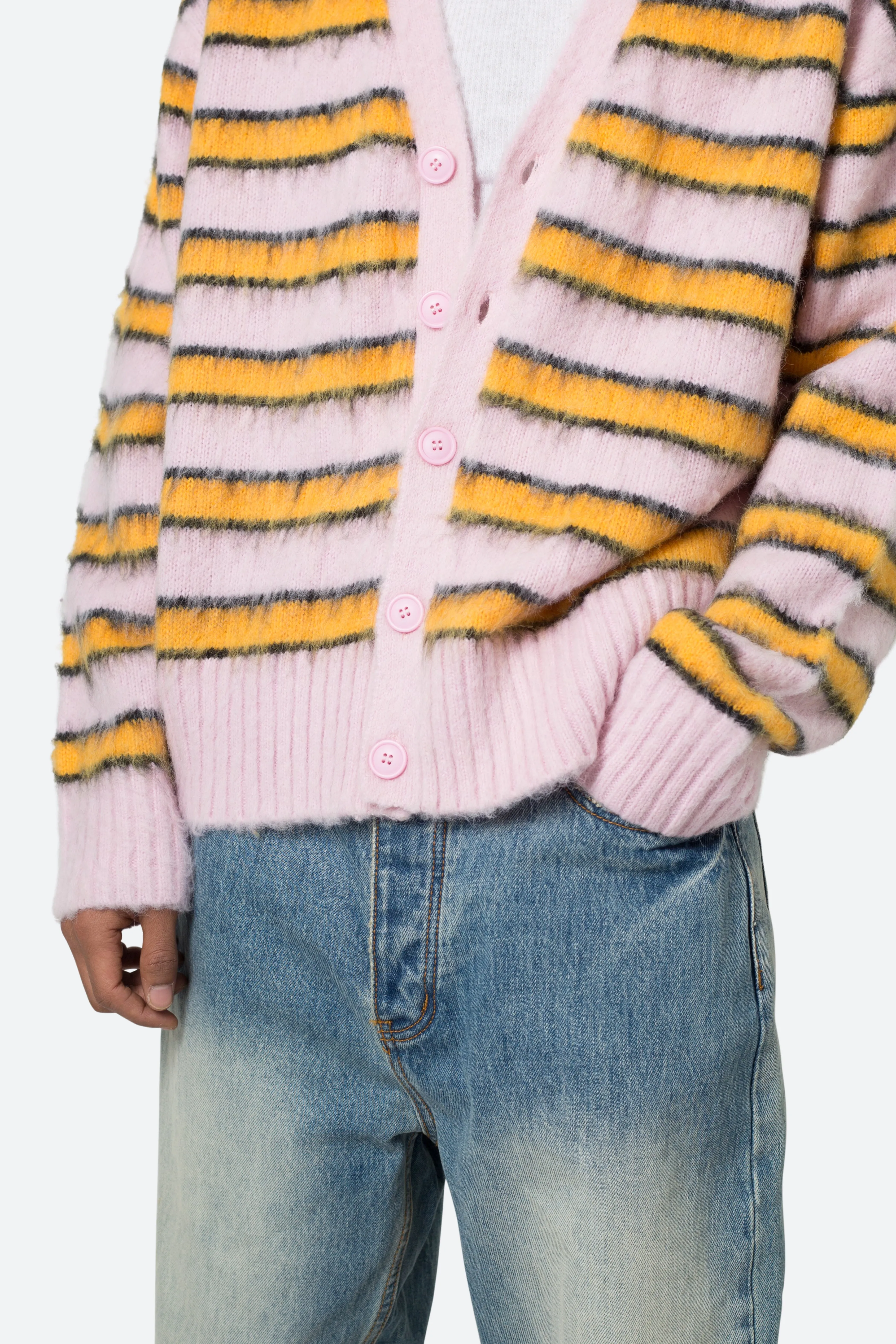 Striped Mohair Cardigan Sweater - Pink