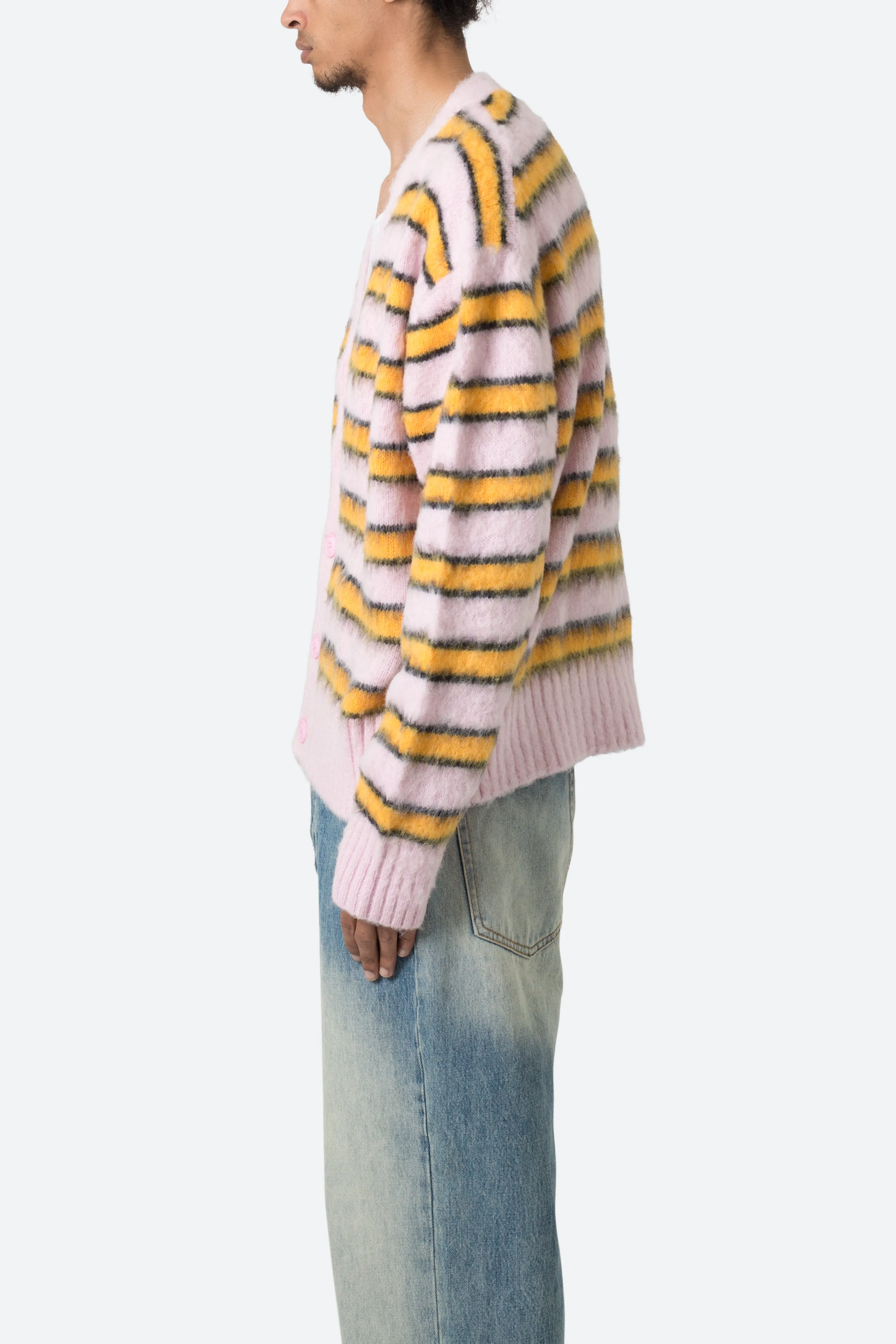 Striped Mohair Cardigan Sweater - Pink