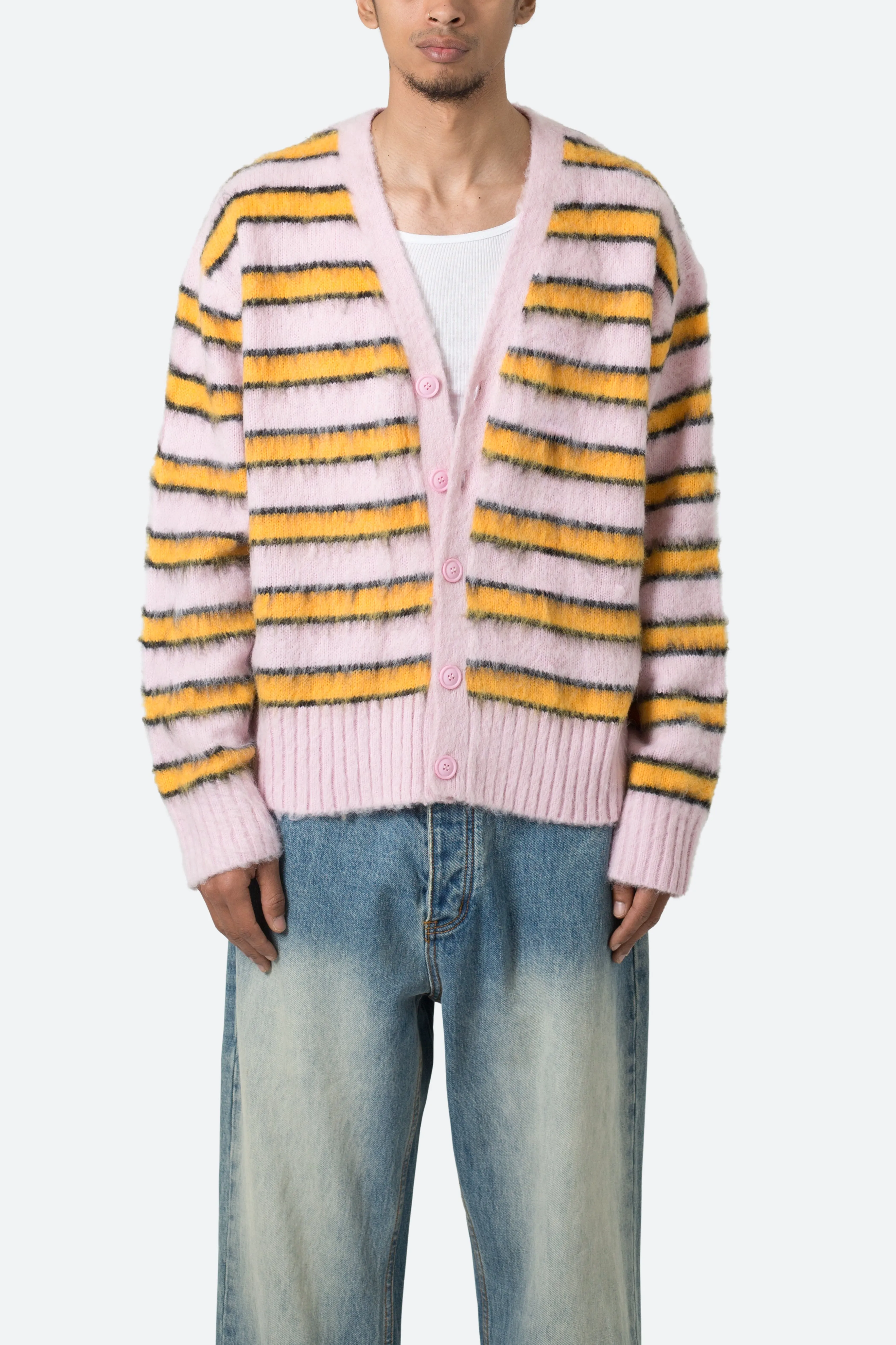 Striped Mohair Cardigan Sweater - Pink