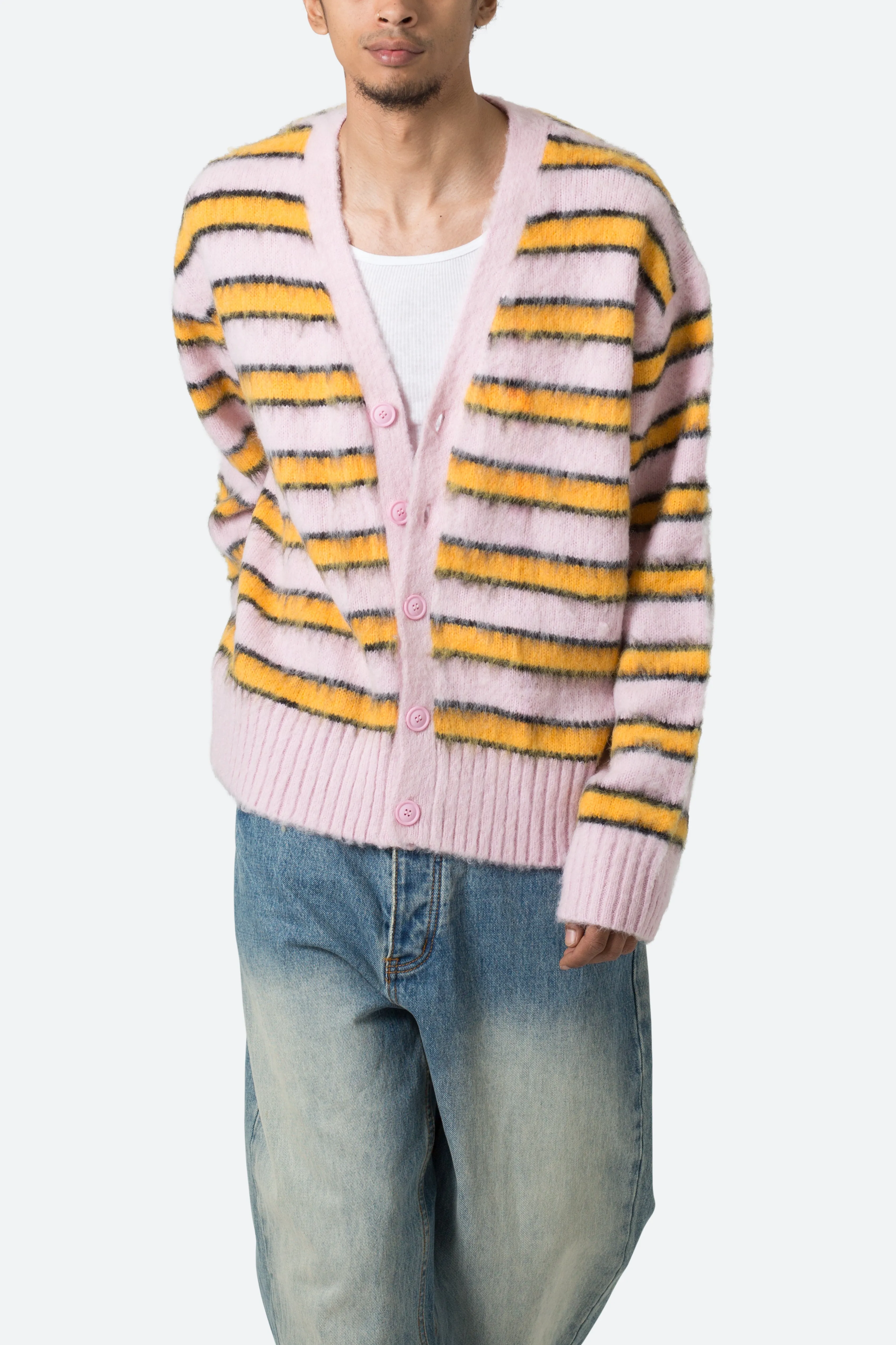 Striped Mohair Cardigan Sweater - Pink