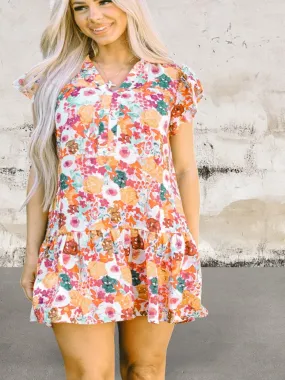 Women Floral Print Split Neck Flutter Sleeve Dress