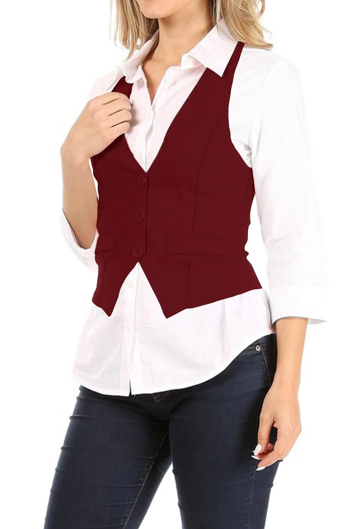 Women's Casual Button Down Racerback Belt Slim Tuxedo Suit Vest Top S-3XL (Pack of 2)